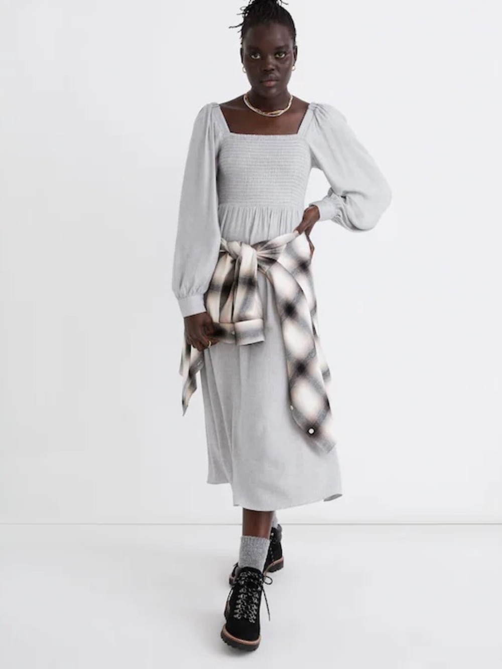 Madewell Lucie Long-Sleeve Smocked Midi Dress in Wool Gauze Size Small